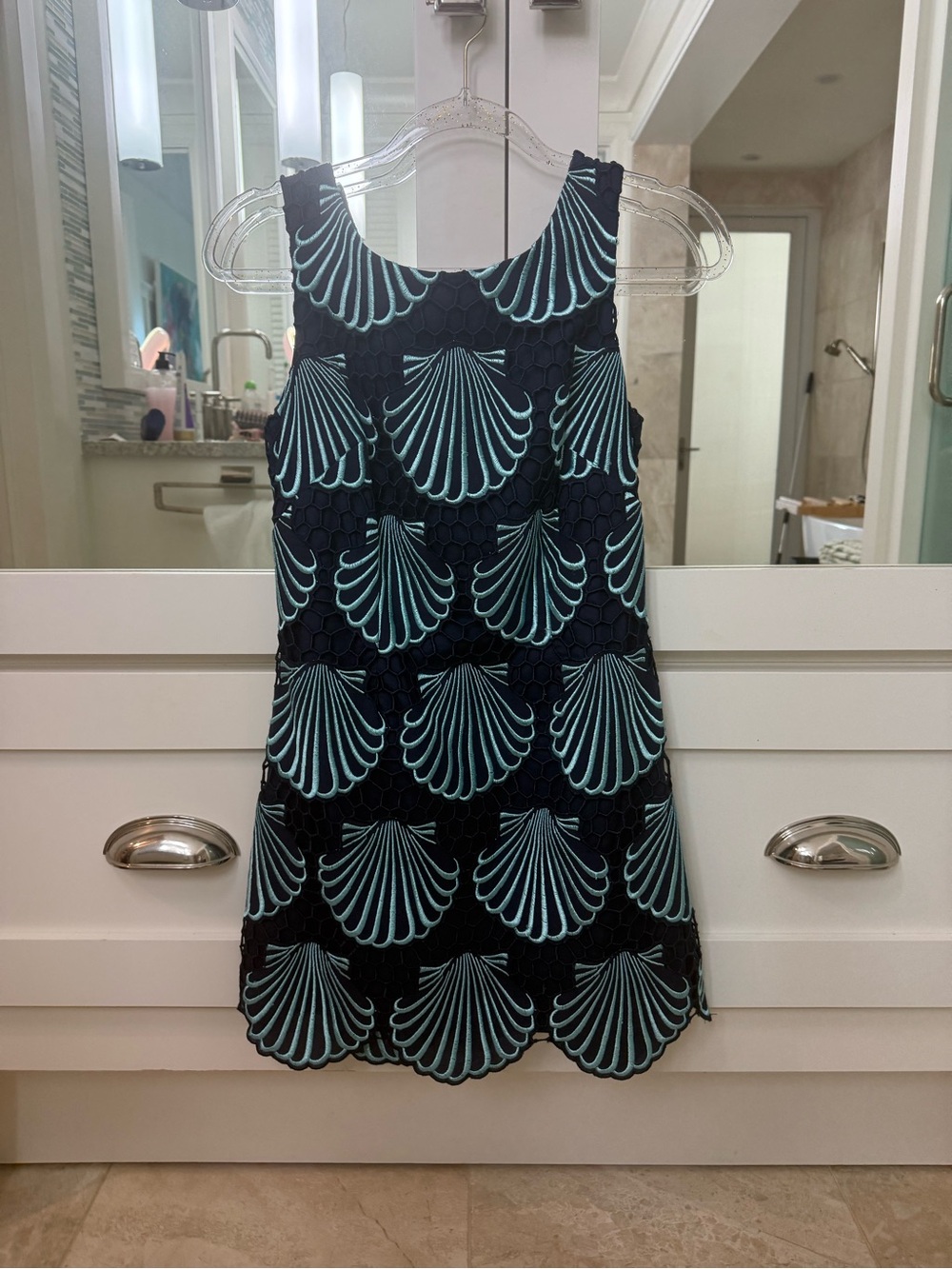 Lilly Pulitzer Navy Dress with Aqua Shell Embroidery